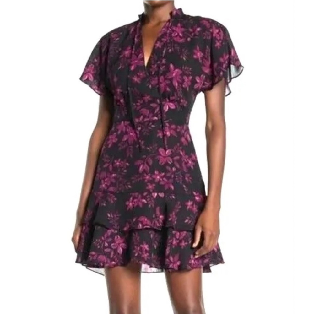 Parker black pink floral mini dress flutter sleeve boho size large